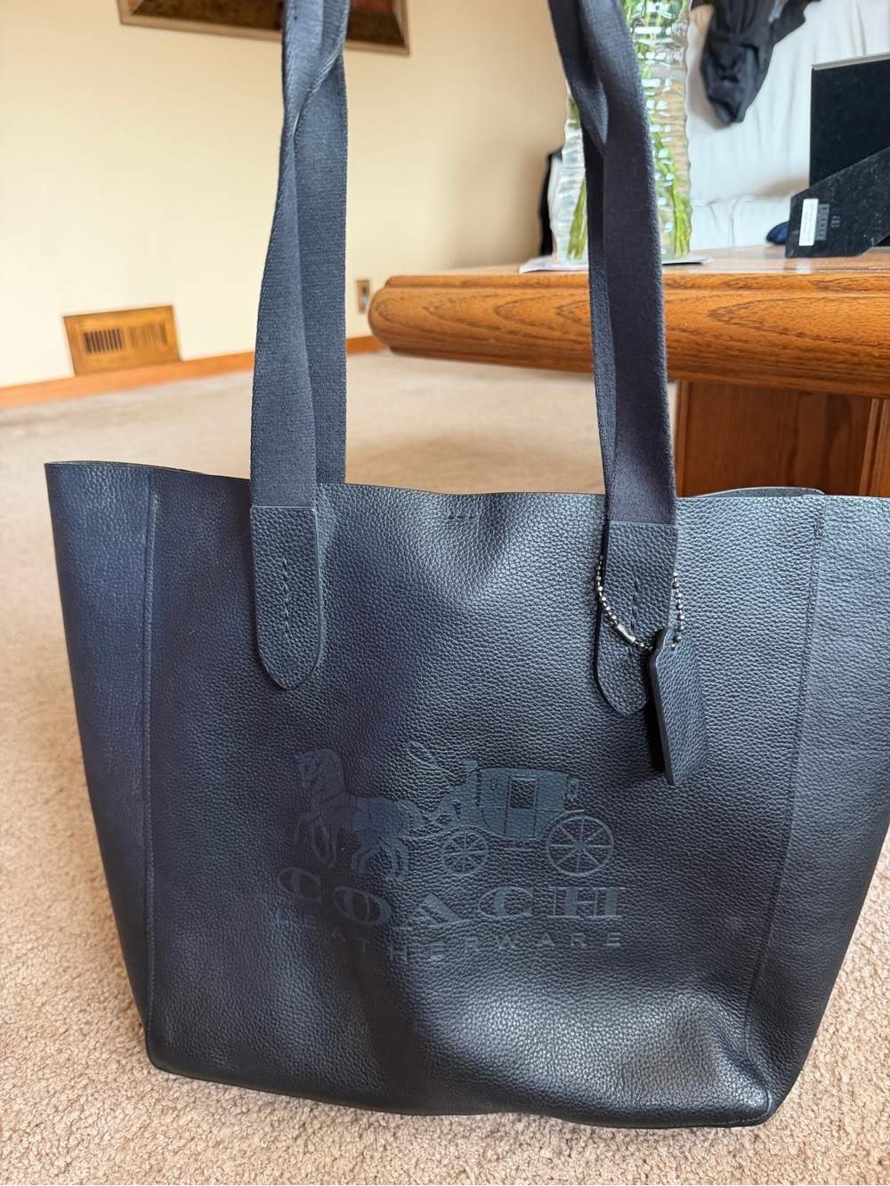 Coach Black Pebbled Leather Tote with Debossed Coach Carriage